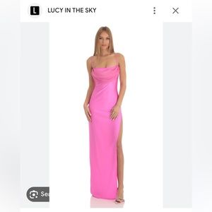 Lucy in the Sky Yennefer High Slit Cowl Neck Maxi Dress in Hot Pink